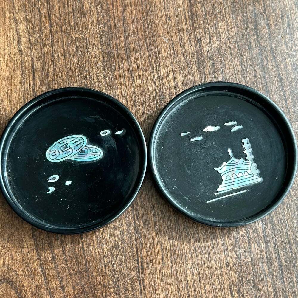 Vintage black lacquer drink coasters with abalone inlay Korea